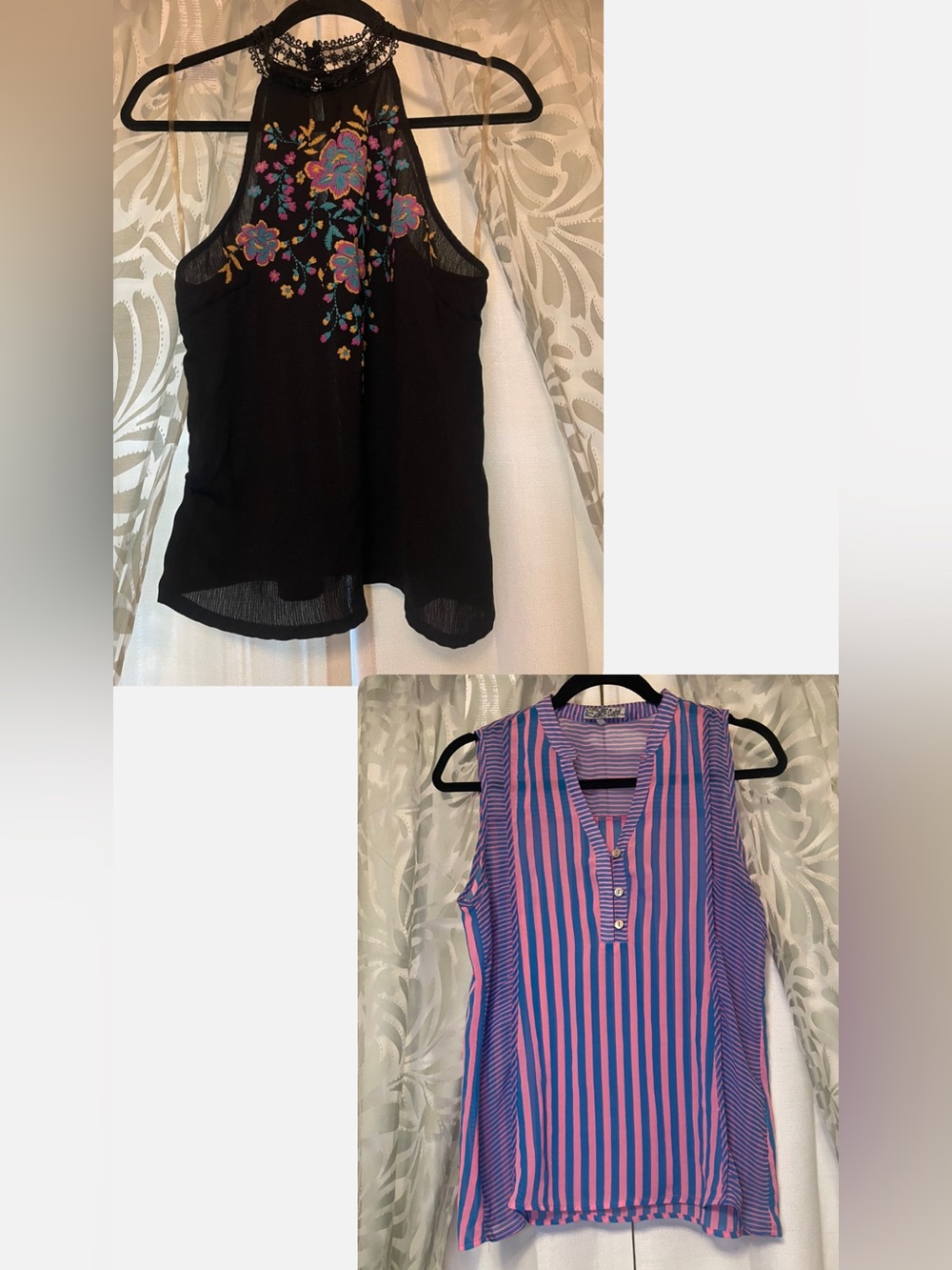 Pair of Tanks- Pink & Blue Sleeveless Tank and Floral Embroidered Black Tank